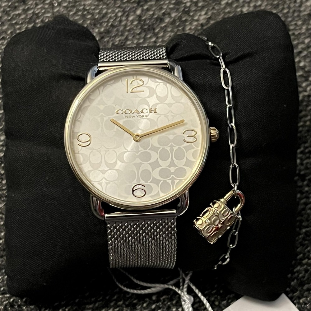 Coach Watch Womens Silver Dial Gold Bezel Mesh Bracelet Set Quartz New W/ Box - Picture 3 of 16